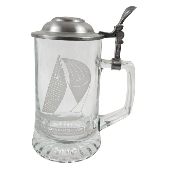 Alwe Beer Stein Pewter Lid 12m Racing Sloop Etched Clear Glass Germany Old Spice - Picture 1 of 10